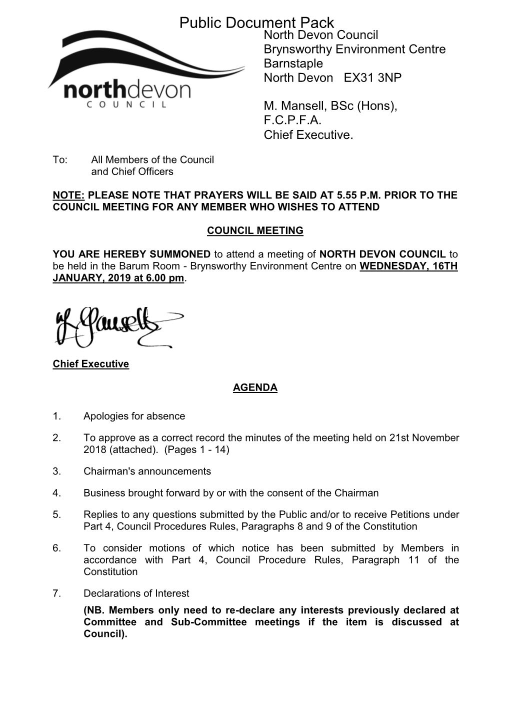 (Public Pack)Agenda Document for Council, 16/01/2019 18:00