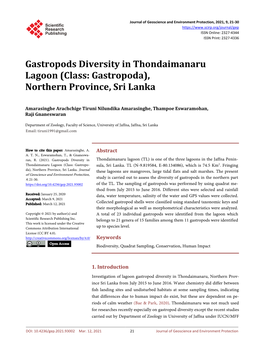 Gastropods Diversity in Thondaimanaru Lagoon (Class: Gastropoda), Northern Province, Sri Lanka