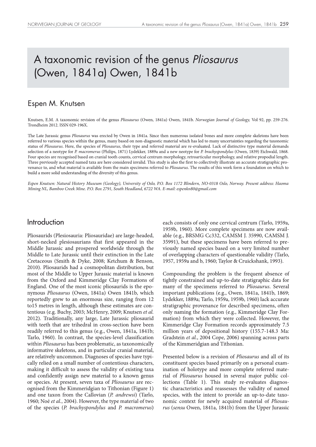 A Taxonomic Revision of the Genus Pliosaurus (Owen, 1841A) Owen, 1841B 259