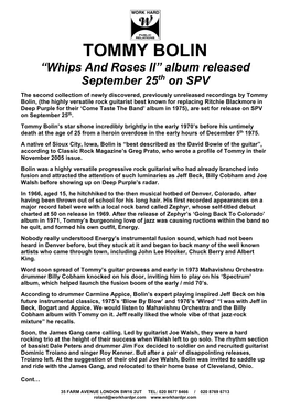 TOMMY BOLIN “Whips and Roses II” Album Released September 25Th on SPV