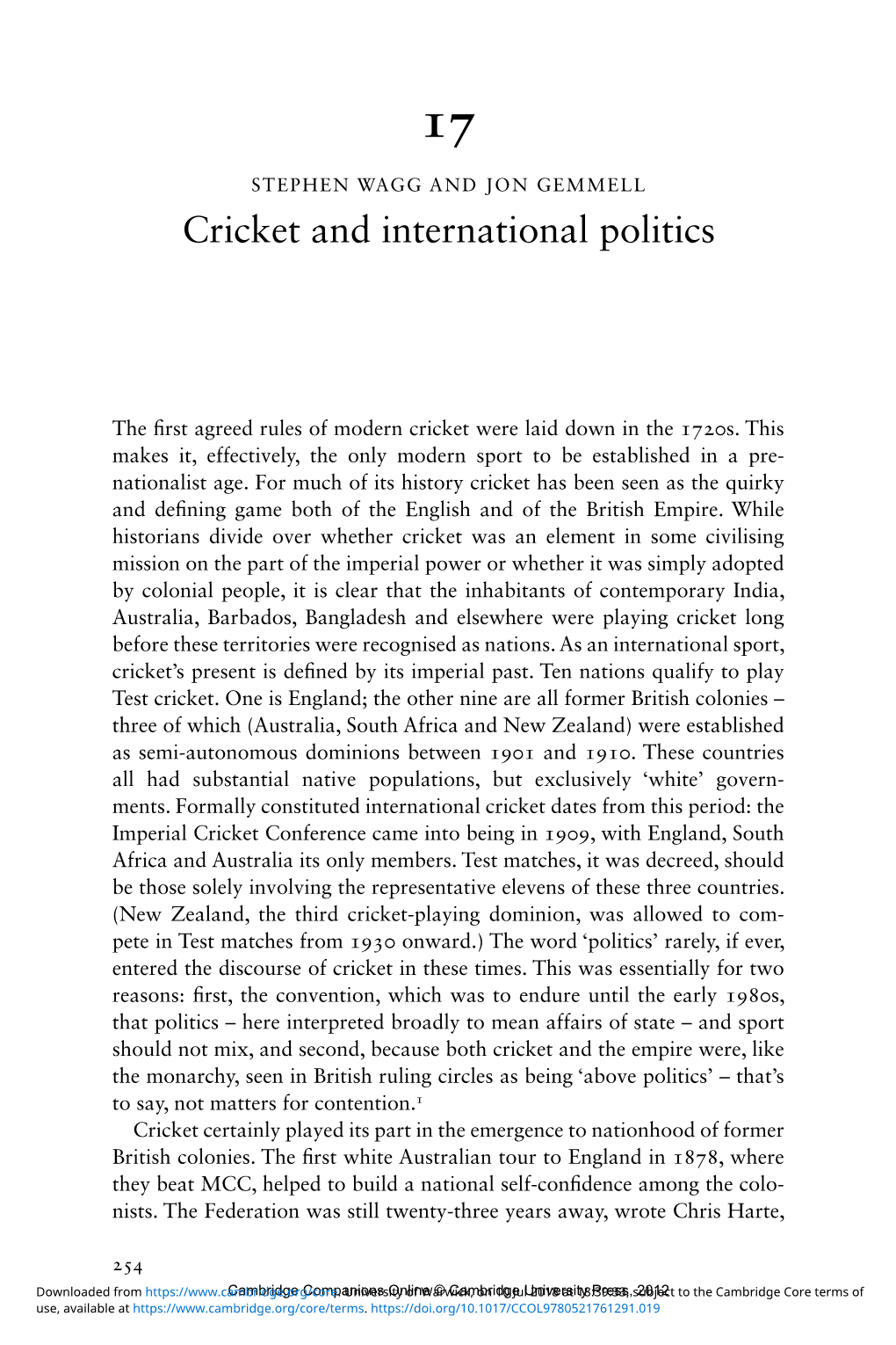 Cricket and International Politics