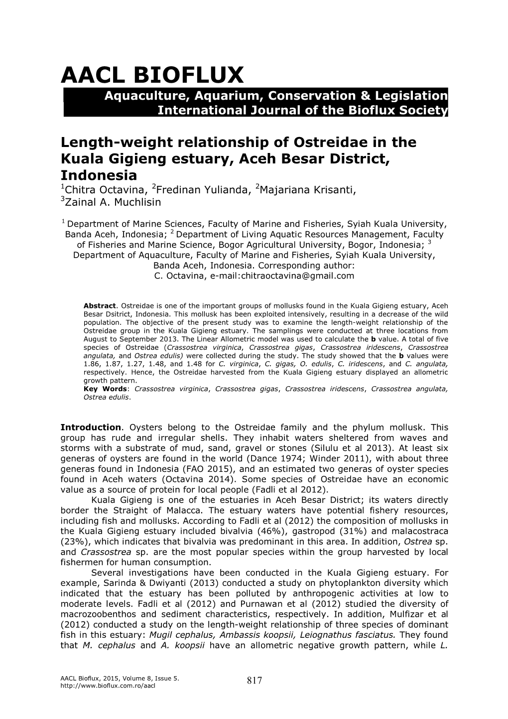 Length-Weight Relationship of Ostreidae in the Kuala Gigieng