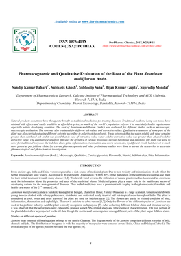 Pharmacognostic and Qualitative Evaluation of the Root of the Plant Jasminum Multiflorum Andr