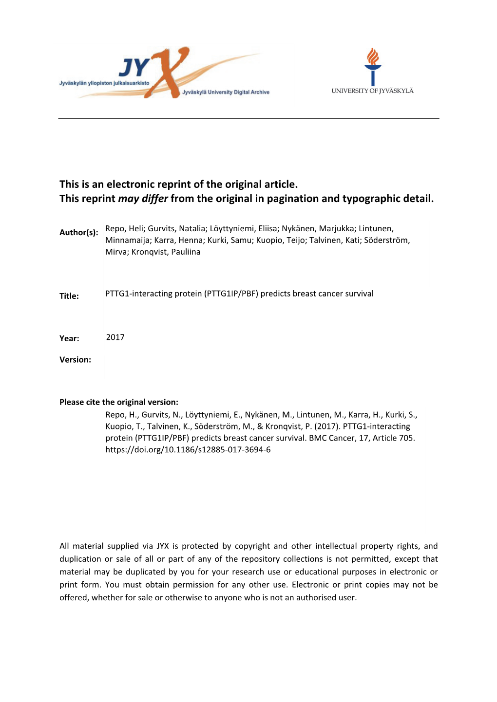 PTTG1-Interacting Protein (PTTG1IP/PBF) Predicts Breast Cancer Survival