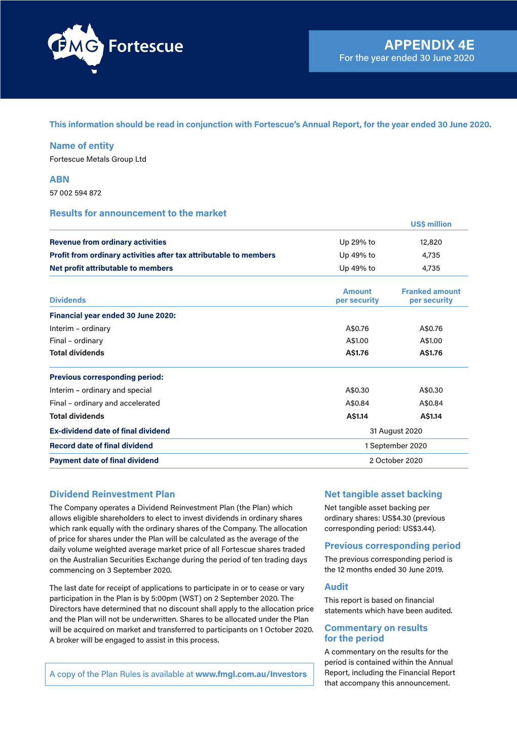 APPENDIX 4E for the Year Ended 30 June 2020