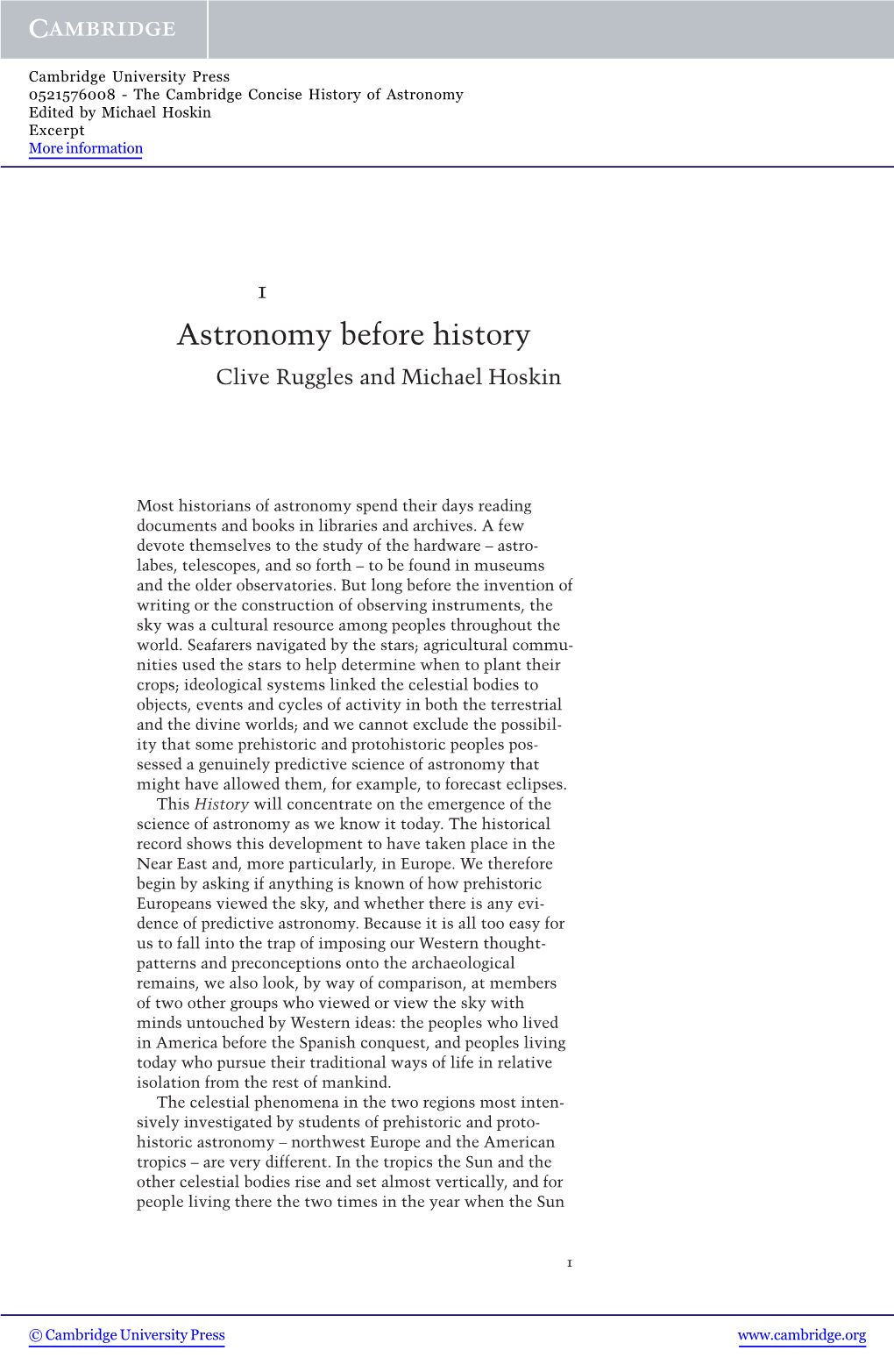 Astronomy Before History Clive Ruggles and Michael Hoskin