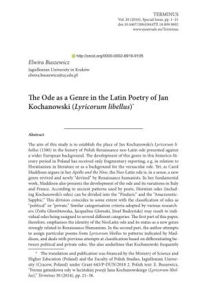 The Ode As a Genre in the Latin Poetry of Jan Kochanowski (Lyricorum Libellus)*
