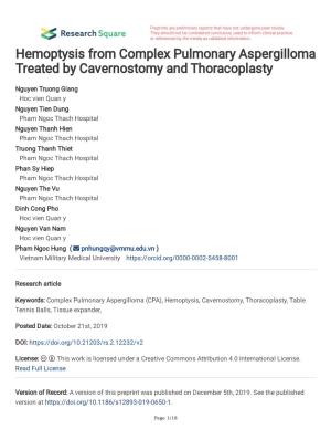 Hemoptysis from Complex Pulmonary Aspergilloma Treated by Cavernostomy and Thoracoplasty