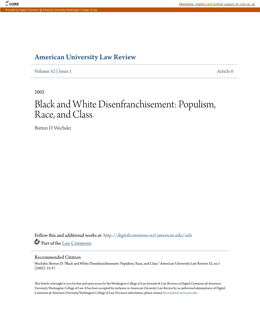 Black and White Disenfranchisement: Populism, Race, and Class Burton D