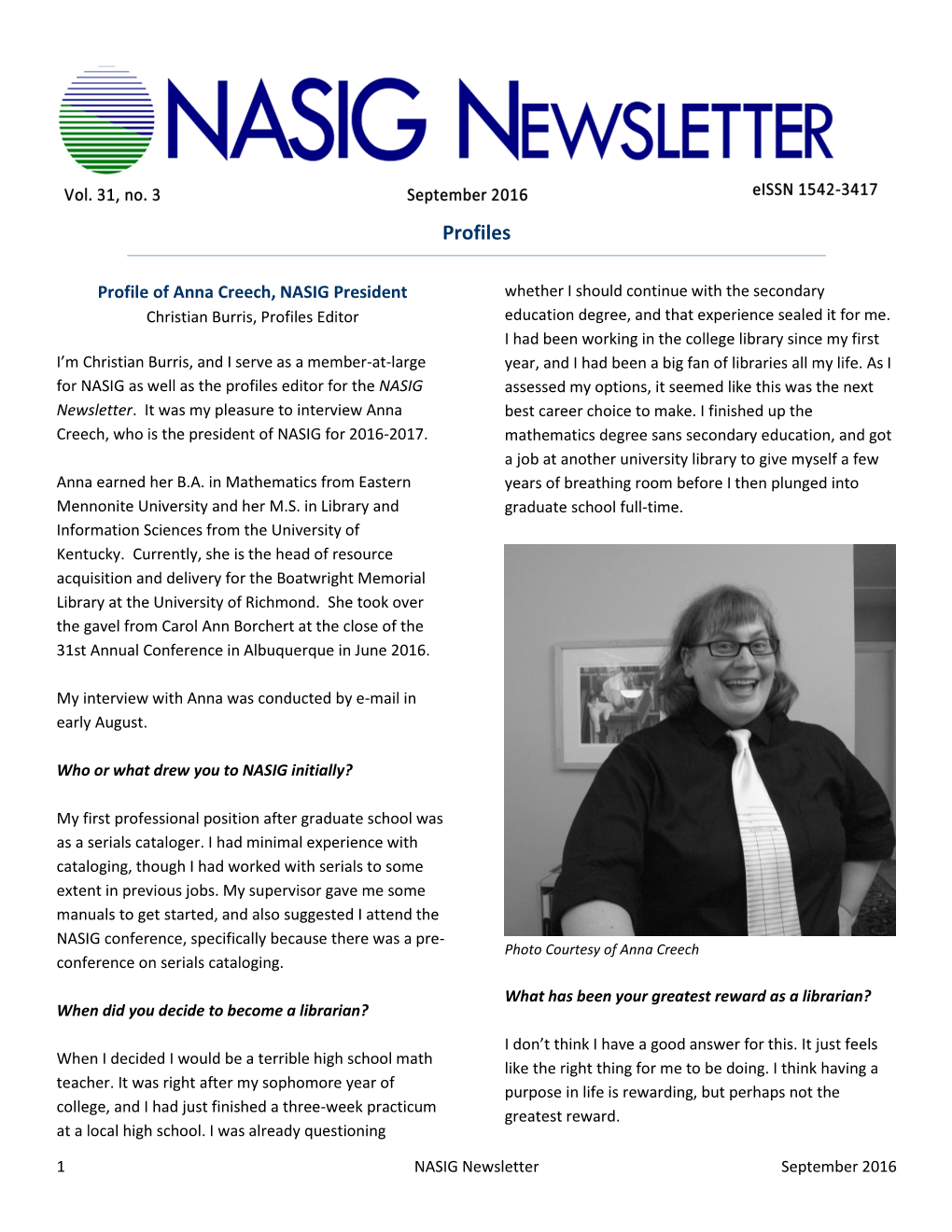 Profile of Anna Creech, NASIG President