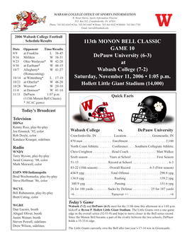 113Th MONON BELL CLASSIC GAME 10 Depauw