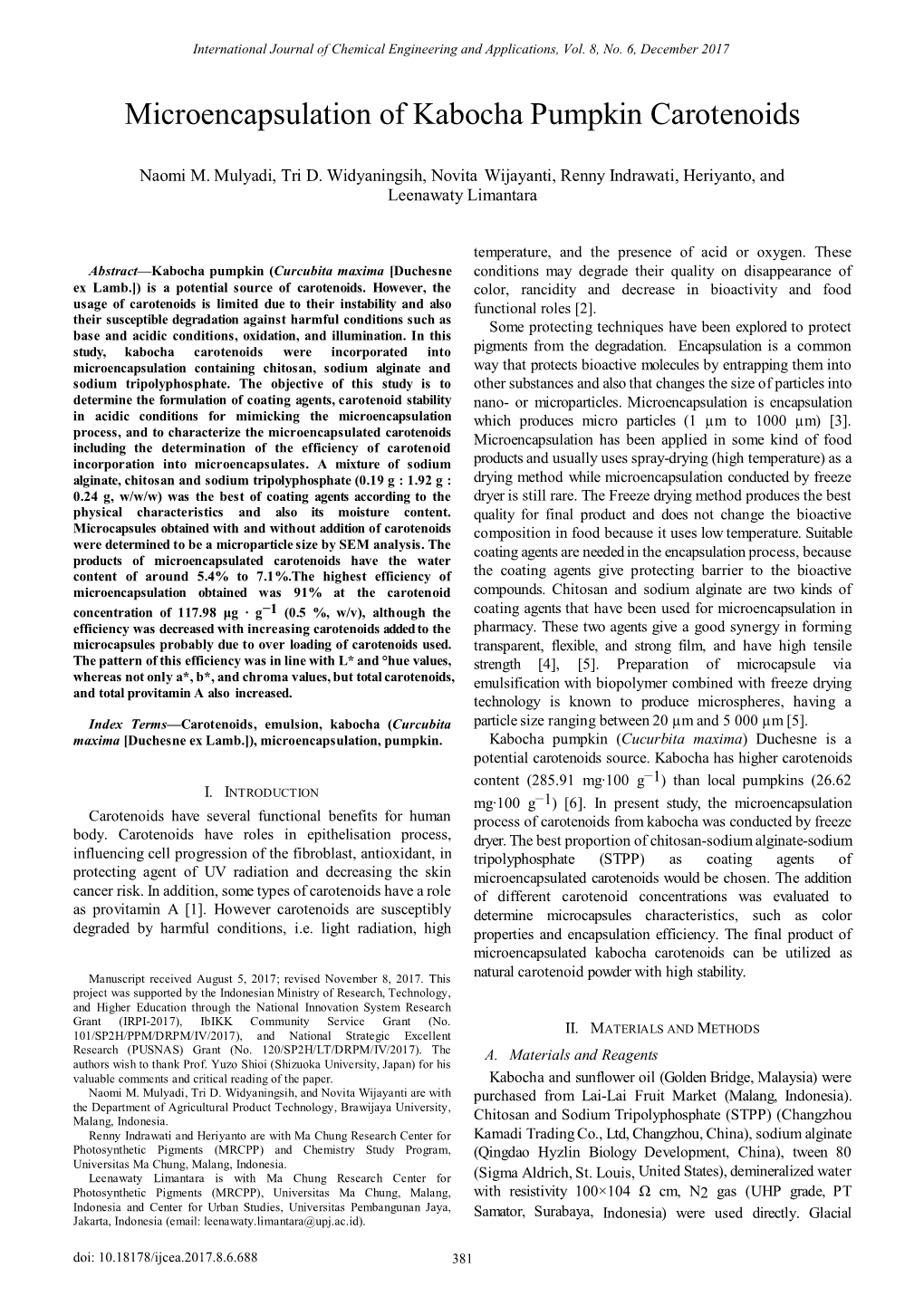 Microencapsulation of Kabocha Pumpkin Carotenoids