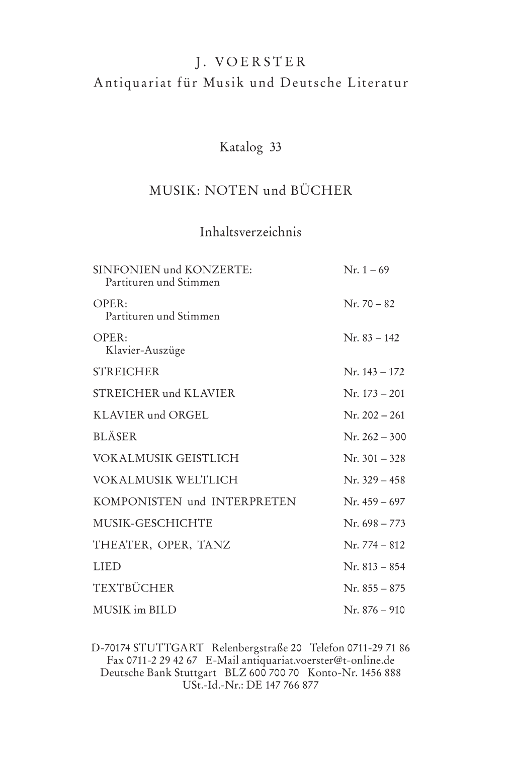 J. VOERSTER Antiquariat Für Musik Und Deutsche Literatur Katalog 33