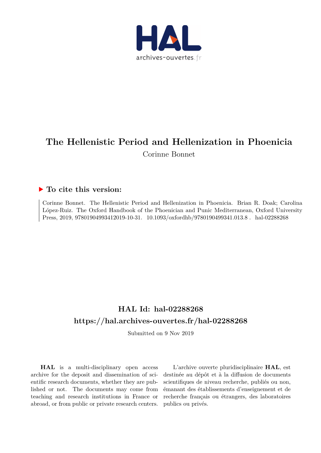 The Hellenistic Period and Hellenization in Phoenicia Corinne Bonnet