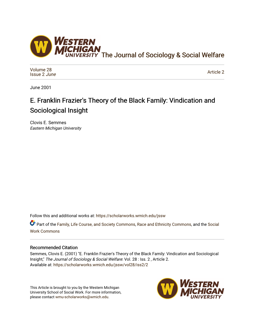 E. Franklin Frazier's Theory of the Black Family: Vindication and Sociological Insight
