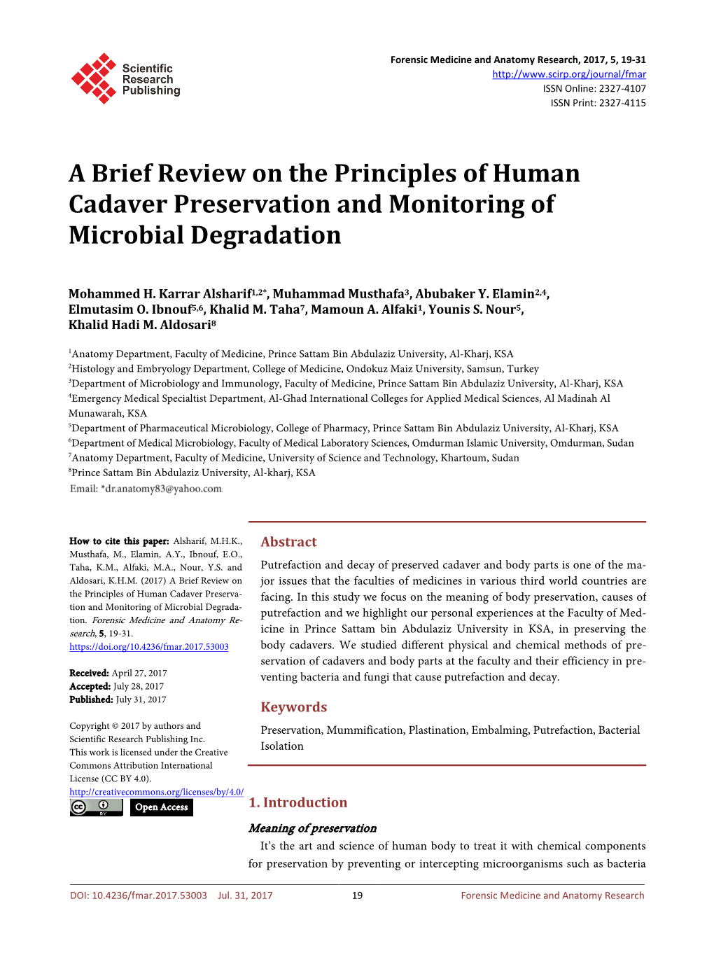 A Brief Review on the Principles of Human Cadaver Preservation and Monitoring of Microbial Degradation