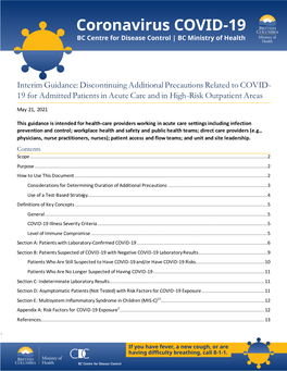 Guidance: Discontinuing Additional Precautions Related to COVID- 19 for Admitted Patients in Acute Care and in High-Risk Outpatient Areas