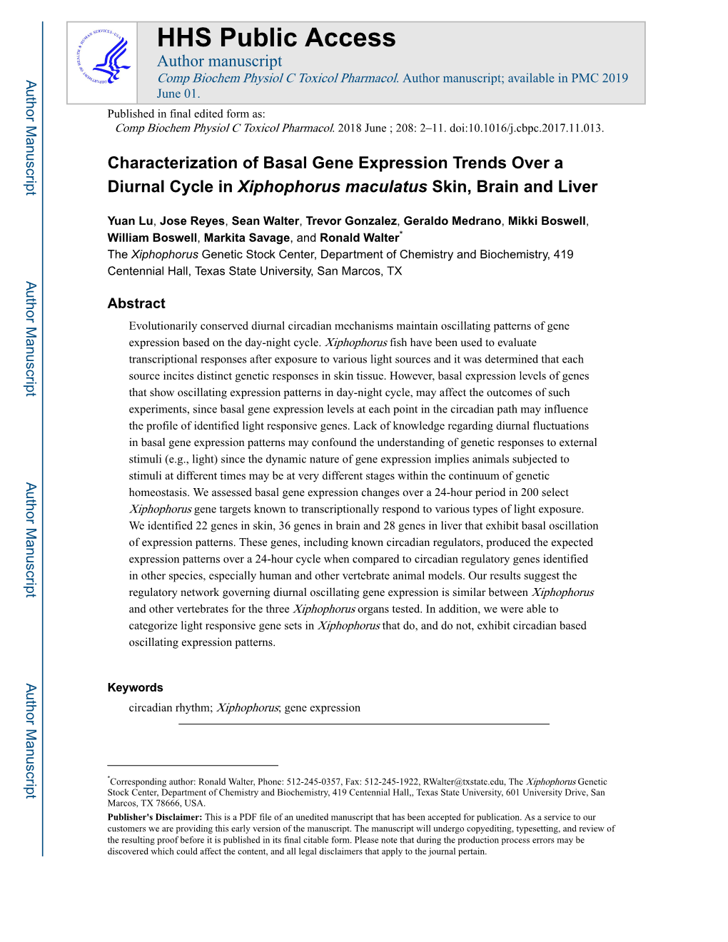 Characterization of Basal Gene Expression Trends Over a Diurnal Cycle in Xiphophorus Maculatus Skin, Brain and Liver