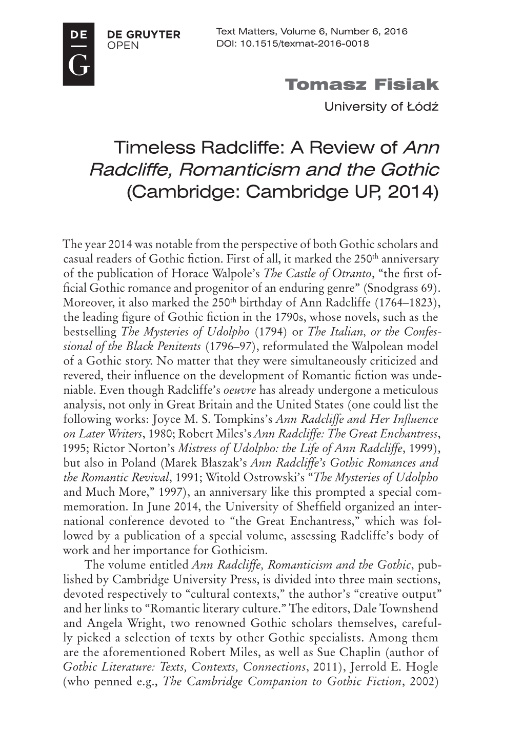 A Review of Ann Radcliffe, Romanticism and the Gothic (Cambridge: Cambridge UP, 2014)