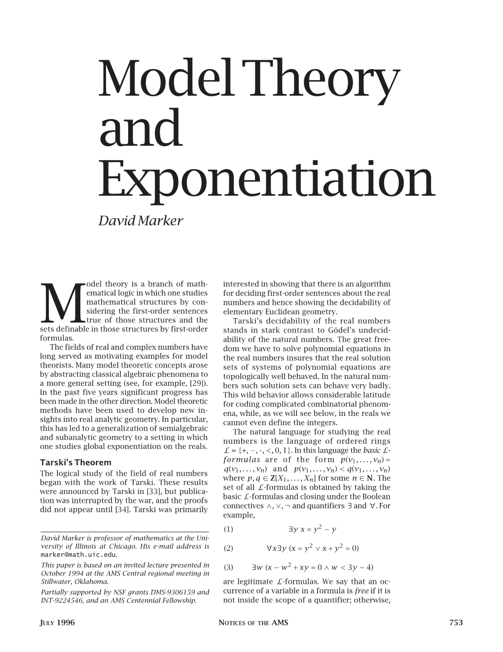 Model Theory and Exponentiation David Marker