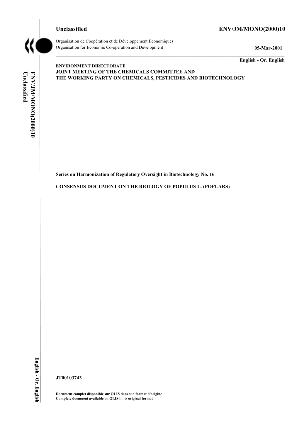 CONSENSUS DOCUMENT on the BIOLOGY of POPULUS L. (POPLARS) English - Or