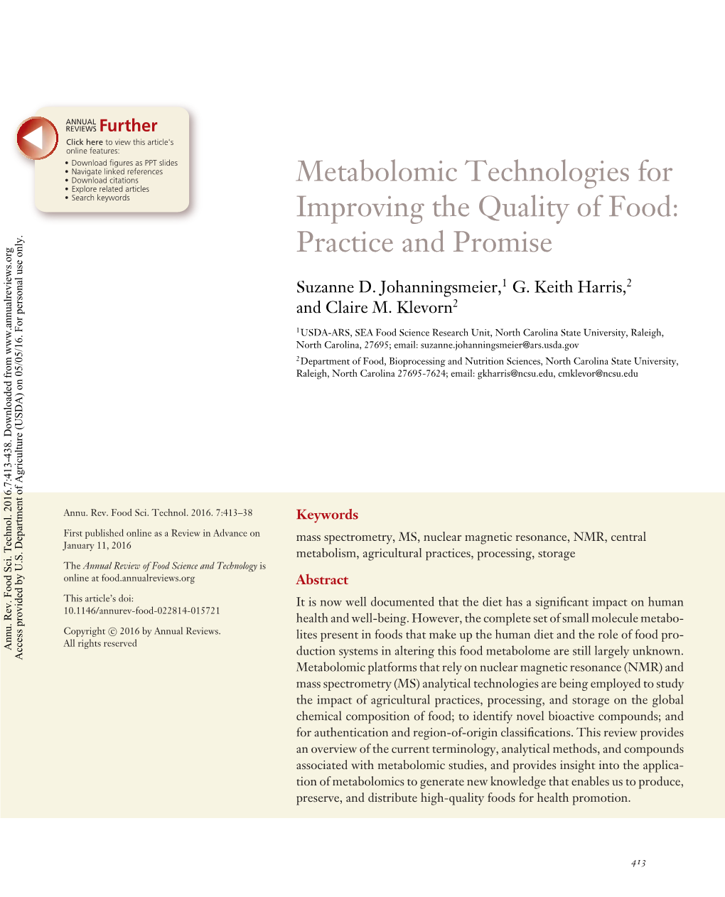 Metabolomic Technologies for Improving the Quality of Food