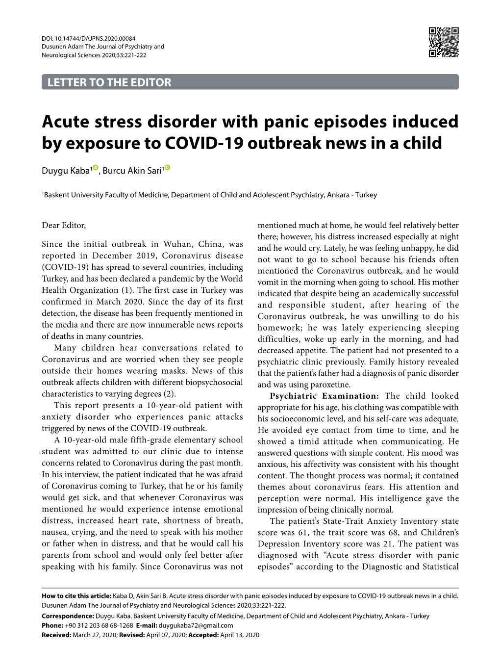 Acute Stress Disorder with Panic Episodes Induced by Exposure to COVID-19 Outbreak News in a Child