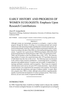 EARLY HISTORY and PROGRESS of WOMEN ECOLOGISTS: Emphasis Upon Research Contributions