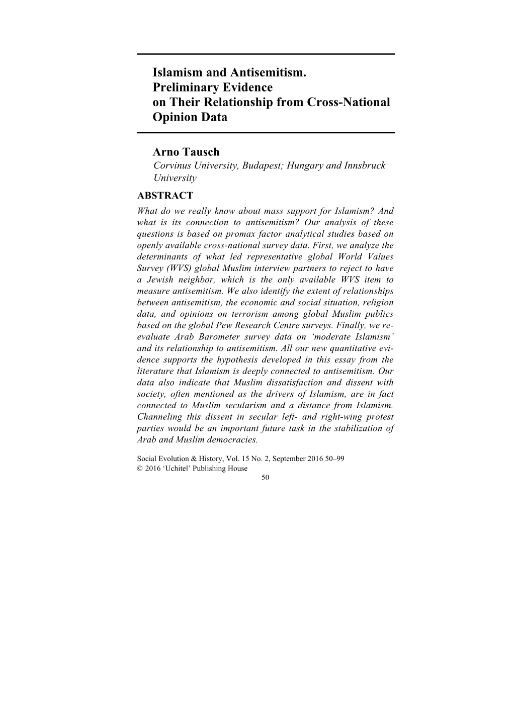 Islamism and Antisemitism. Preliminary Evidence on Their Relationship from Cross-National Opinion Data