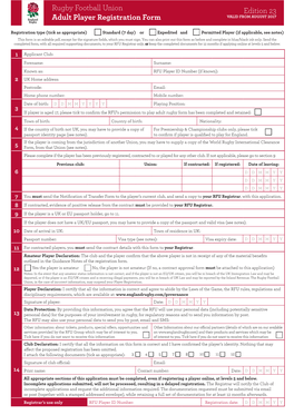 Rugby Football Union Adult Player Registration Form Edition 23
