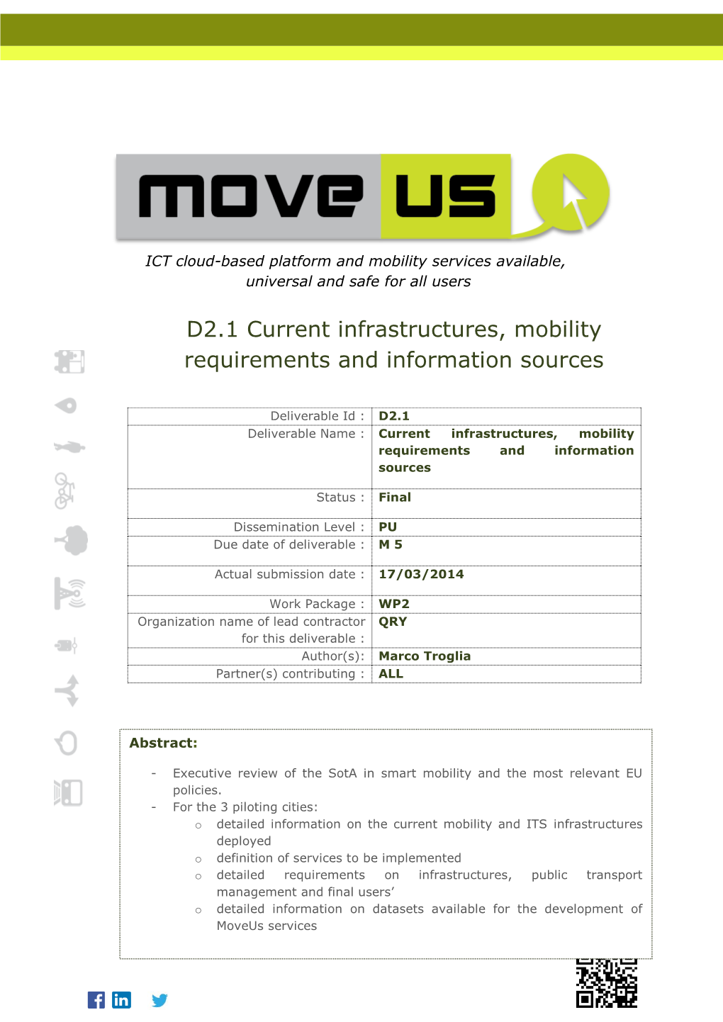 Movus D2.1 Current Infraestructures, Mobility Requirements