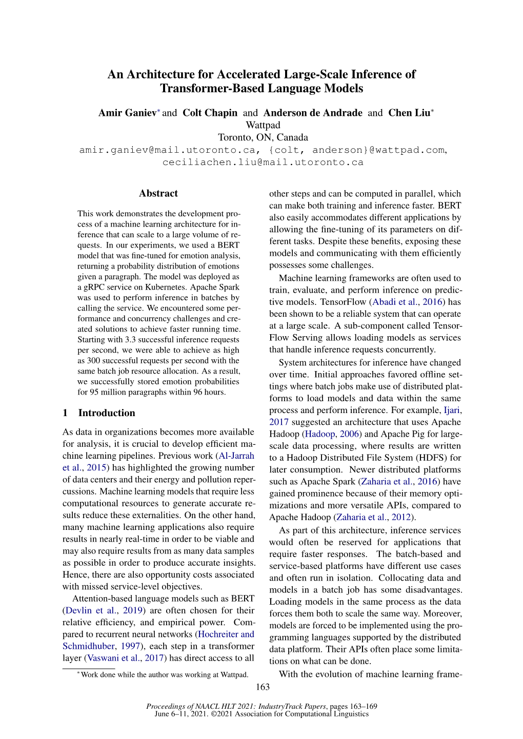 An Architecture for Accelerated Large-Scale Inference of Transformer-Based Language Models