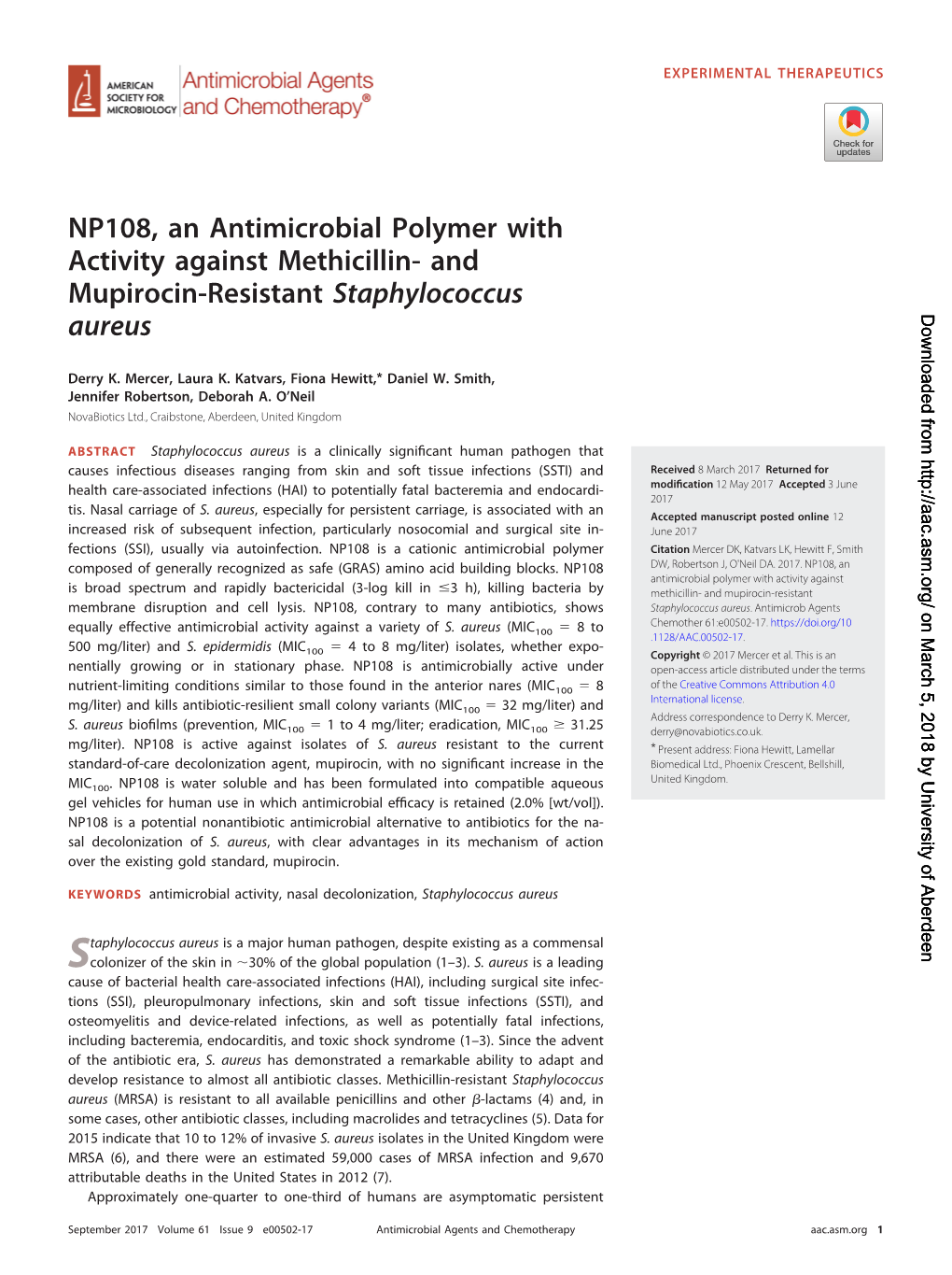 NP108, an Antimicrobial Polymer with Activity Against Methicillin- and Mupirocin-Resistant Staphylococcus Aureus Downloaded From