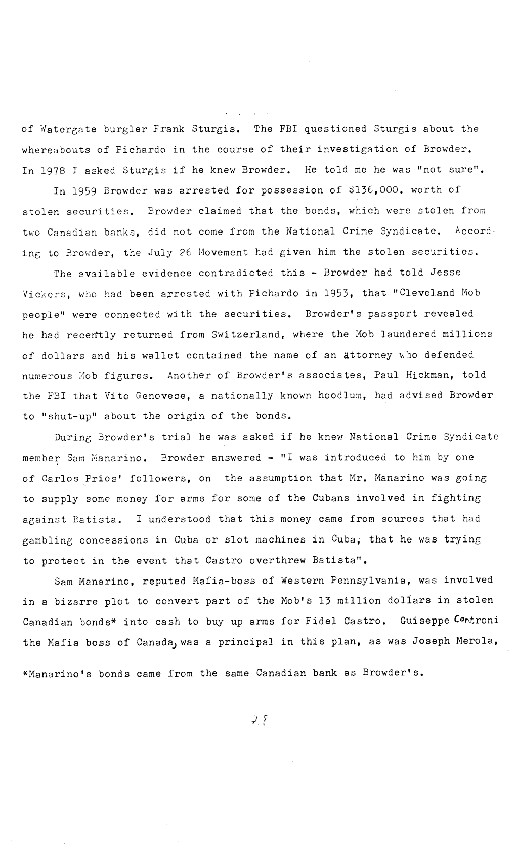 Of Watergate Burgler Frank Sturgis. the FBI Questioned Sturgis About the Whereabouts of Pichardo in the Course of Their Investigation of Browder