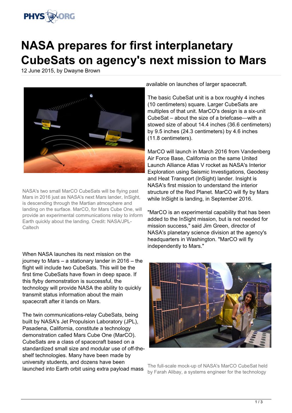 NASA Prepares for First Interplanetary Cubesats on Agency's Next Mission to Mars 12 June 2015, by Dwayne Brown