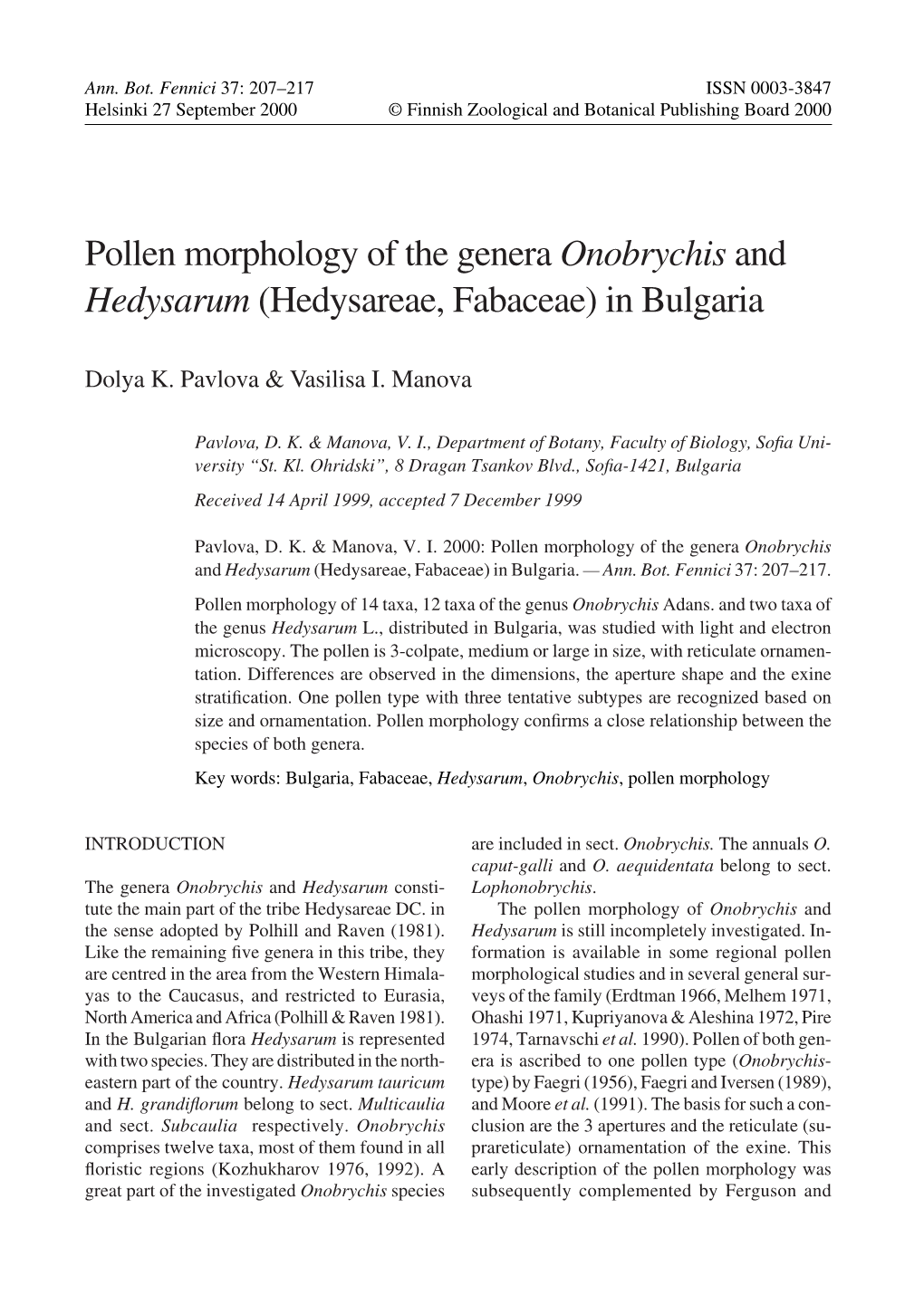 Pollen Morphology of the Genera Onobrychis and Hedysarum (Hedysareae, Fabaceae) in Bulgaria