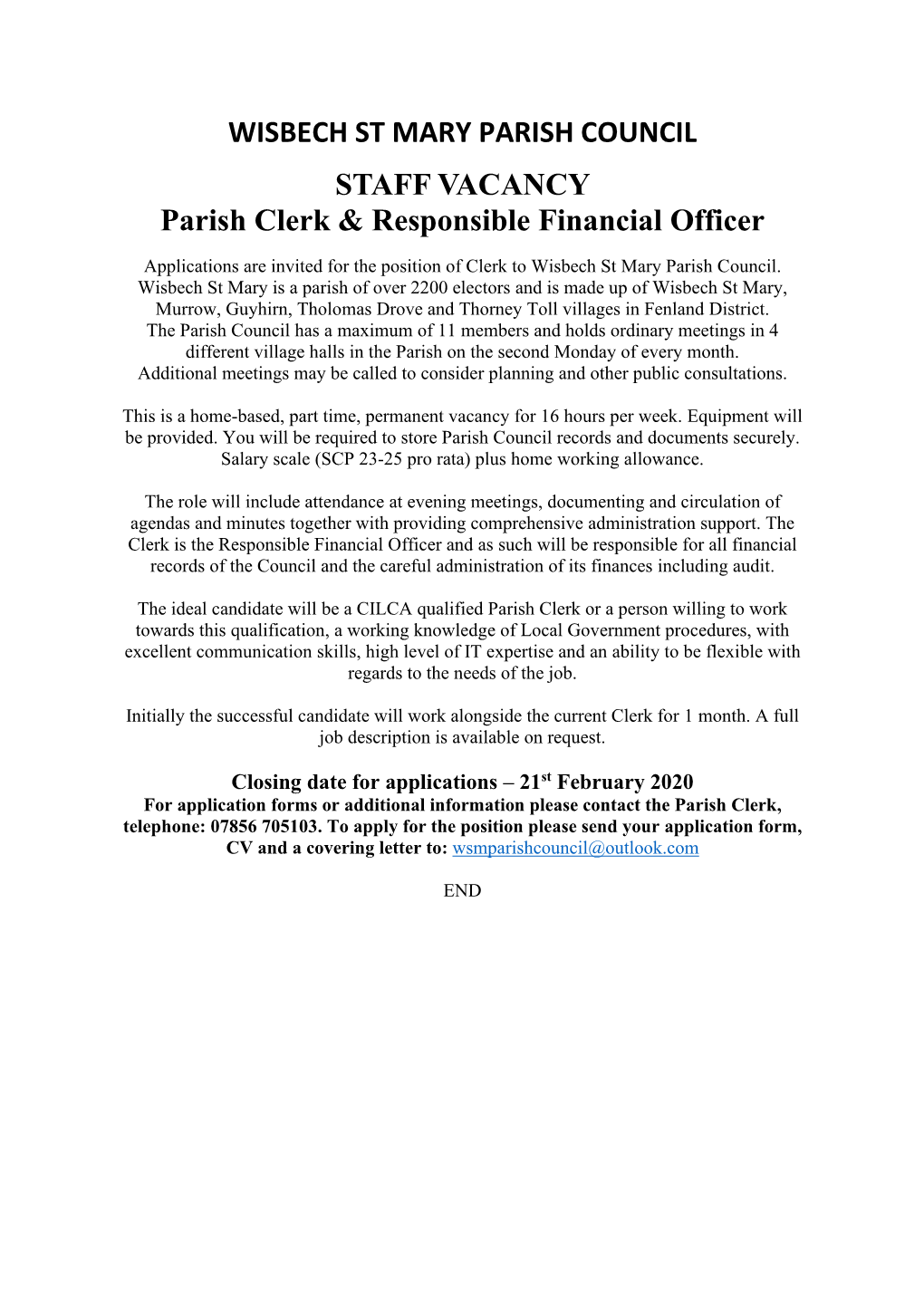 WISBECH ST MARY PARISH COUNCIL STAFF VACANCY Parish Clerk & Responsible Financial Officer