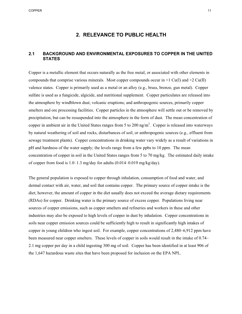 Toxicological Profile for Copper