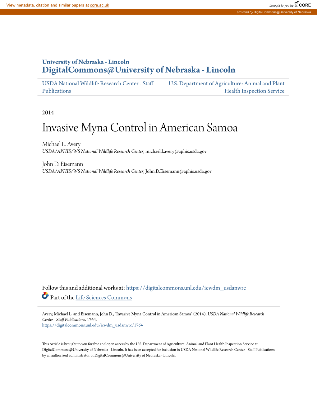 Invasive Myna Control in American Samoa Michael L