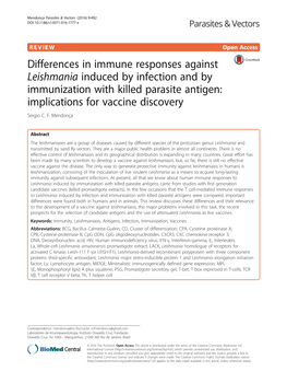Differences in Immune Responses Against Leishmania Induced by Infection and by Immunization with Killed Parasite Antigen: Implications for Vaccine Discovery Sergio C