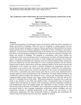 THE ARCHITECTURE of the URBAN FRONTS, the CASE of URBAN EXPERIENCE and PRESSURE on the INFRASTRUCTURE -- Bons N