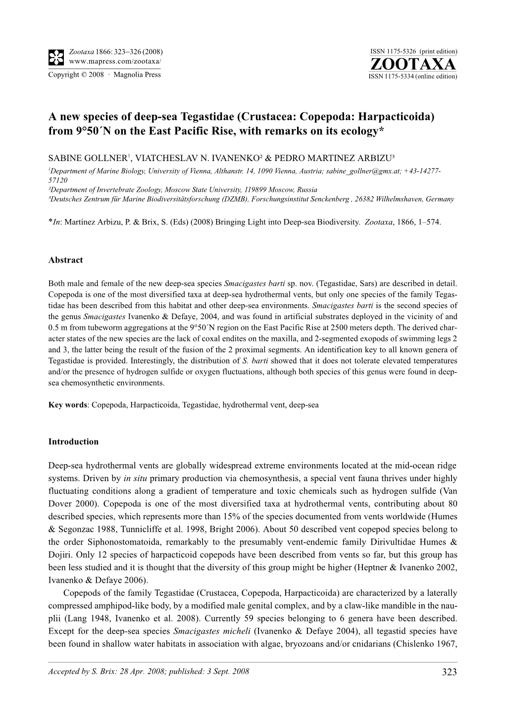 Zootaxa, a New Species of Deep-Sea Tegastidae (Crustacea: Copepoda: Harpacticoida)