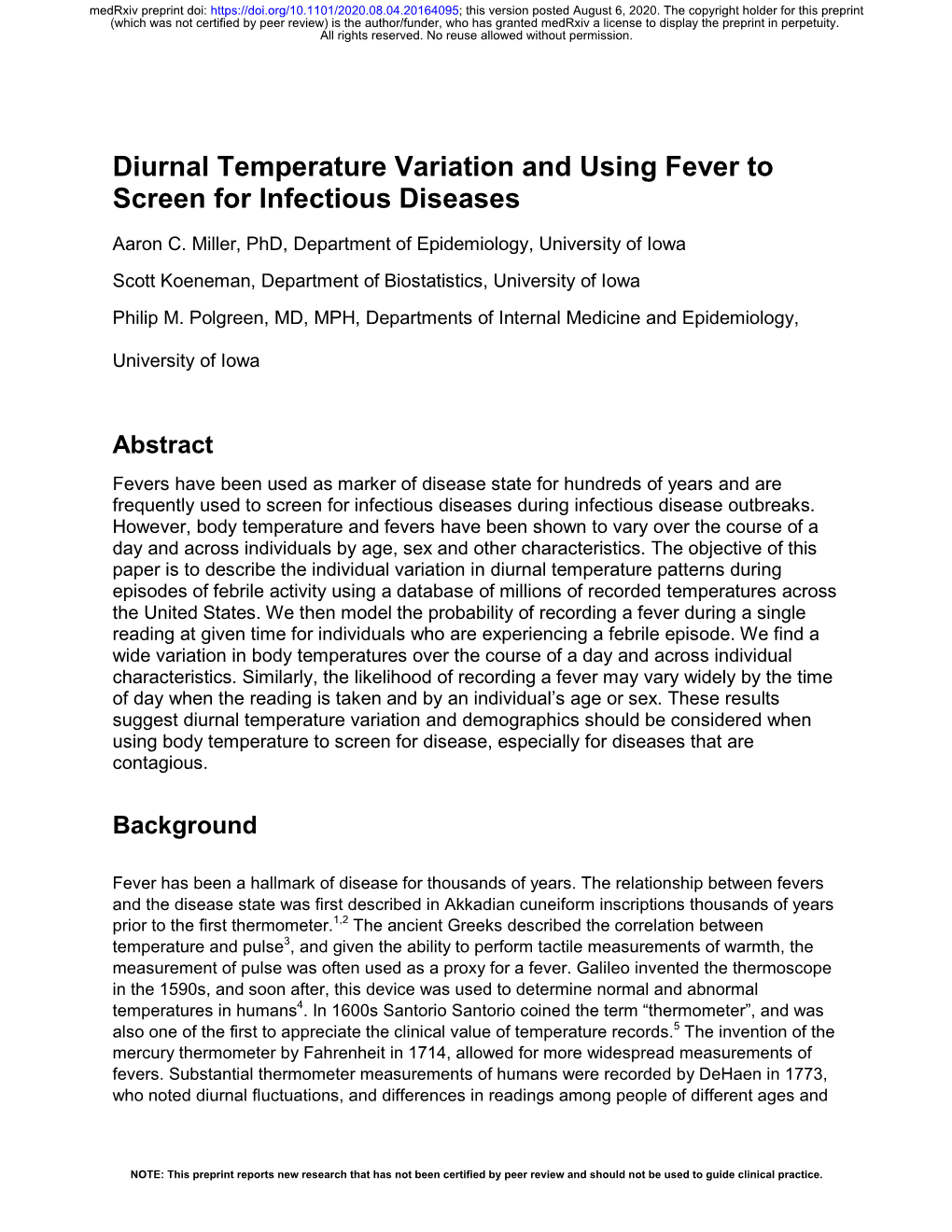 Diurnal Temperature Variation and Using Fever to Screen for Infectious Diseases