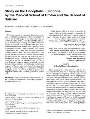 Study on the Encephalic Functions by the Medical School of Croton and the School of Salerno