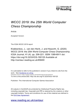 WCCC 2019: the 25Th World Computer Chess Championship