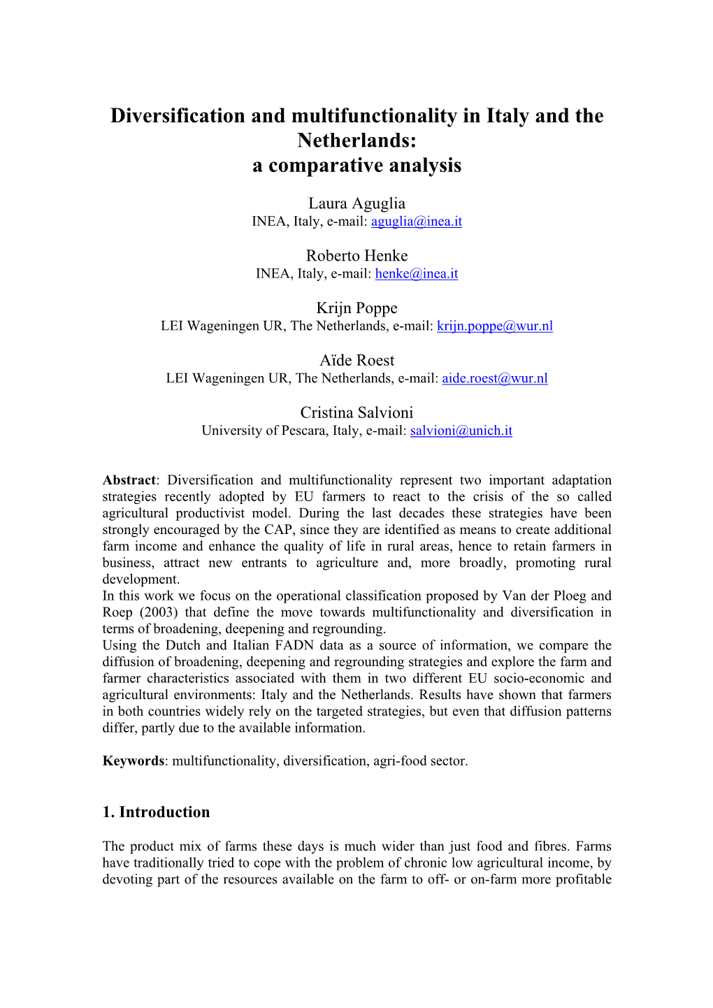 Diversification and Multifunctionality in Italy and the Netherlands: a Comparative Analysis