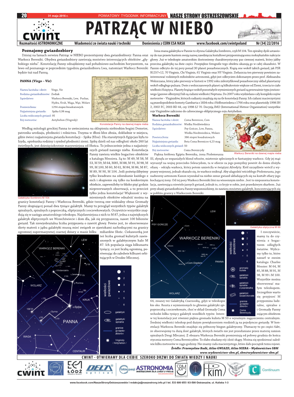 PATRZĄC W NIEBO Rozmaitości ASTRONOMICZNE Wiadomości Ze Świata Nauki I Techniki Doniesienia Z CERN ESA NASA Nr (34) 22/2016