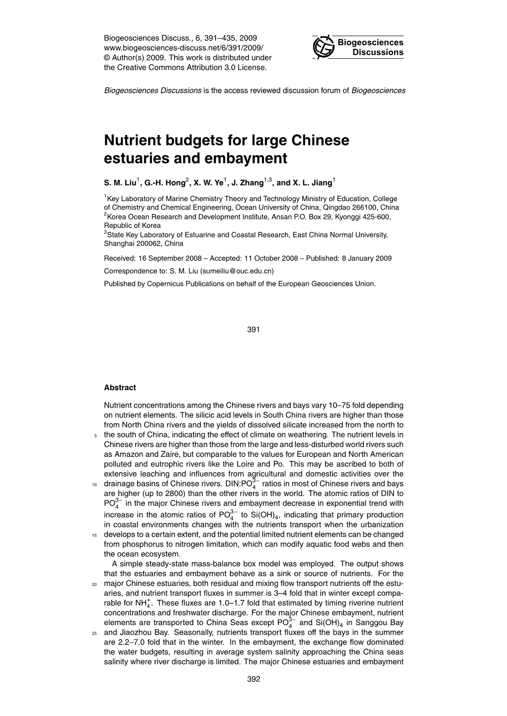 Nutrient Budgets for Large Chinese Estuaries and Embayment