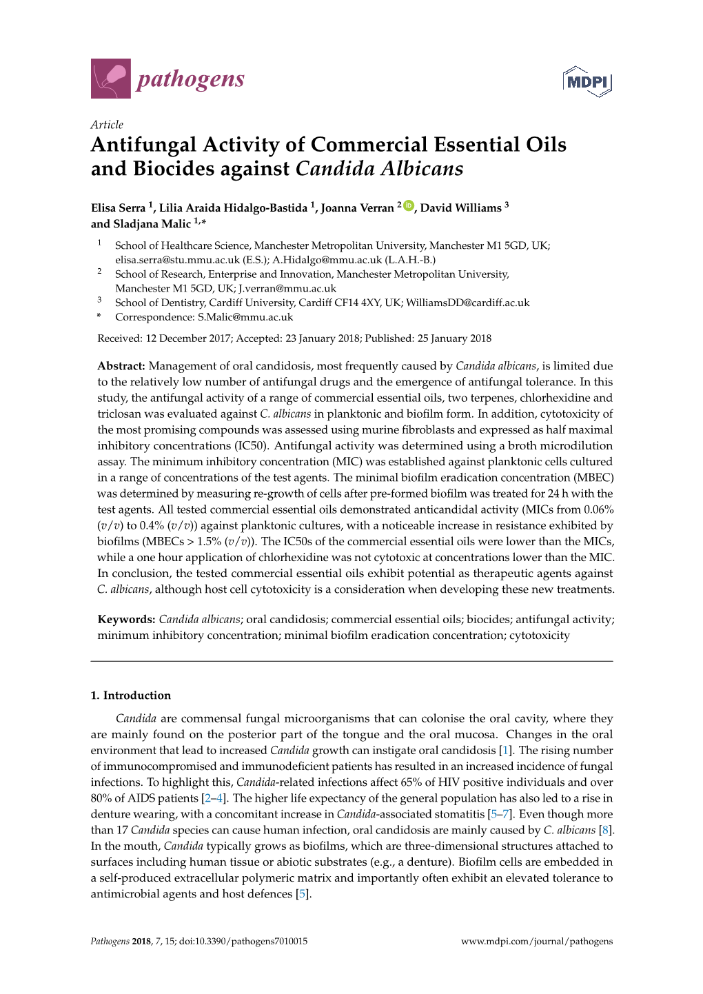 Antifungal Activity of Commercial Essential Oils and Biocides Against Candida Albicans