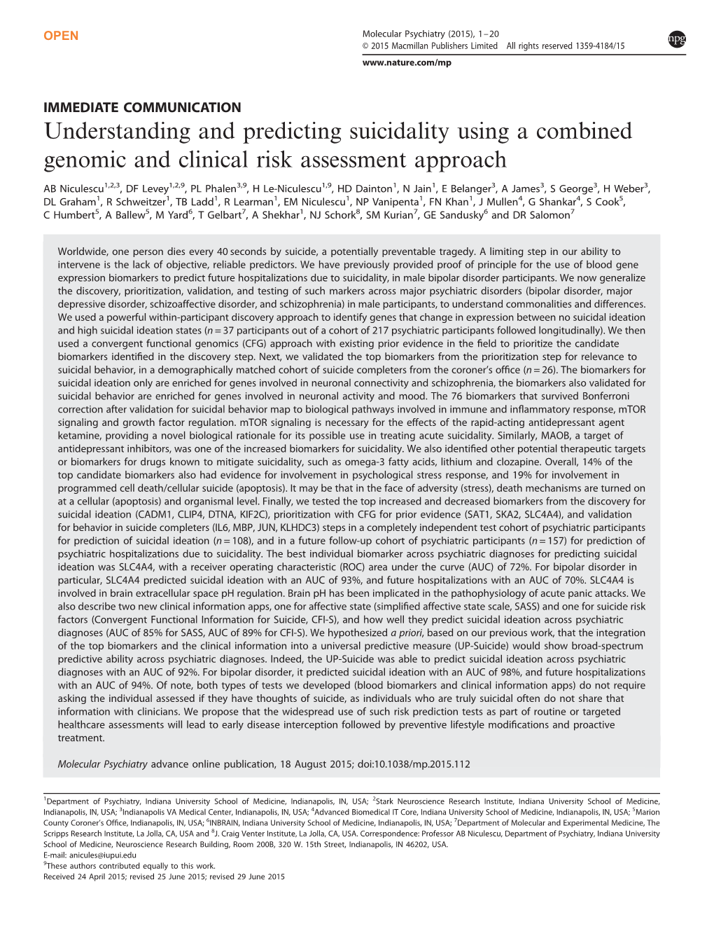 Understanding and Predicting Suicidality Using a Combined Genomic and Clinical Risk Assessment Approach